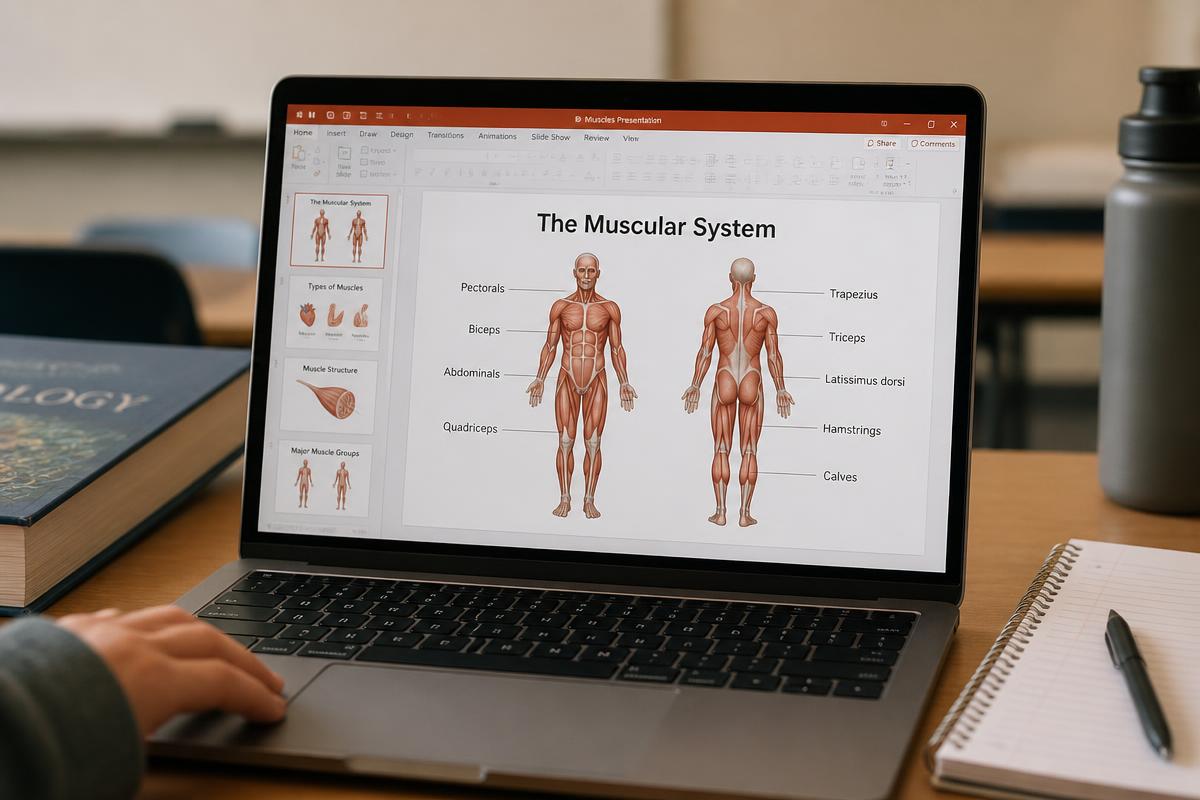 A laptop screen showing a PowerPoint presentation about the muscular system