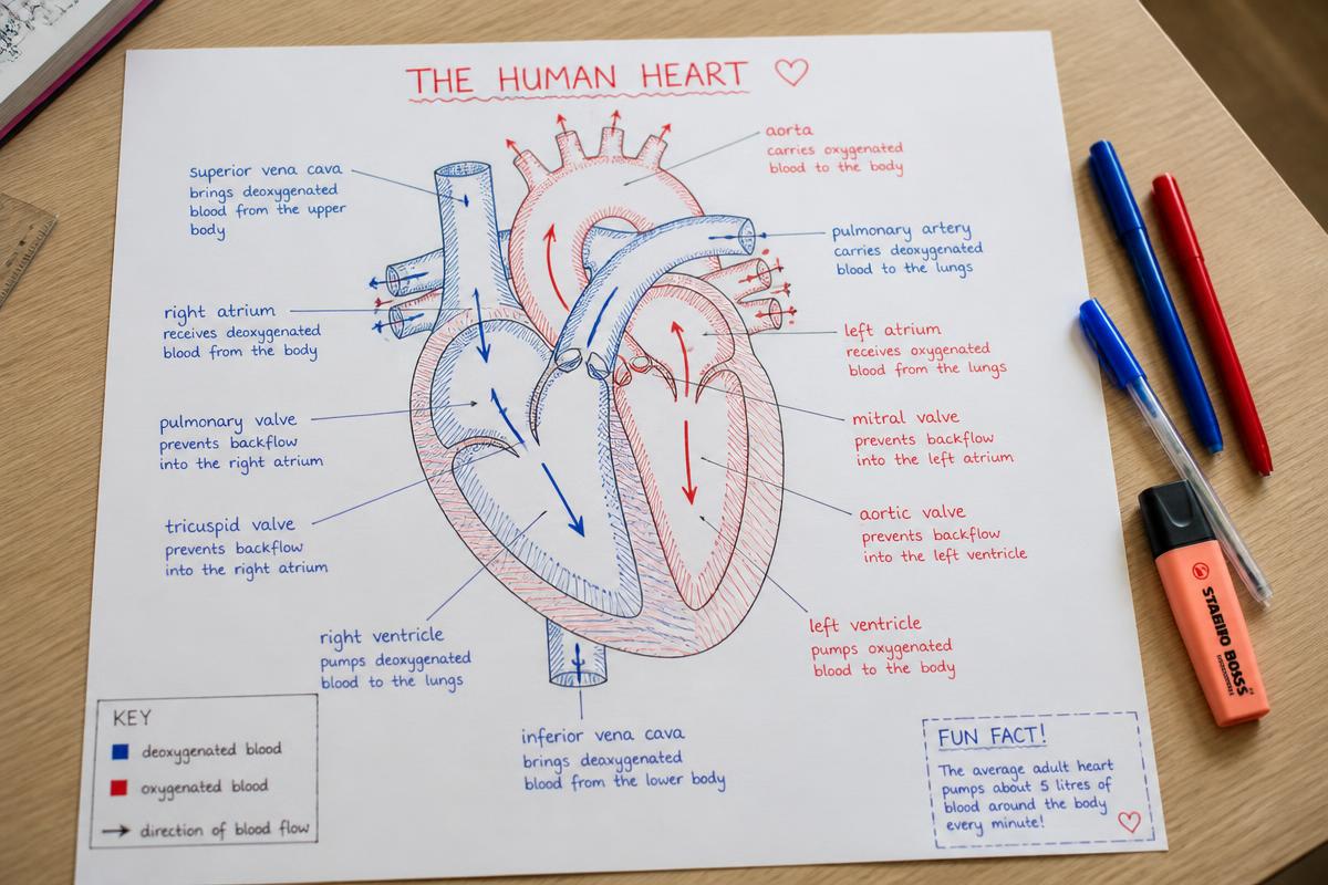 Photo of a hand-drawn student poster of the heart and blood flow, with pens beside it