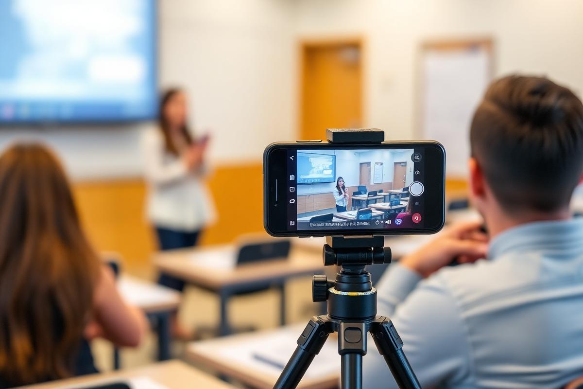 A student presentation being recorded on a phone in a classroom