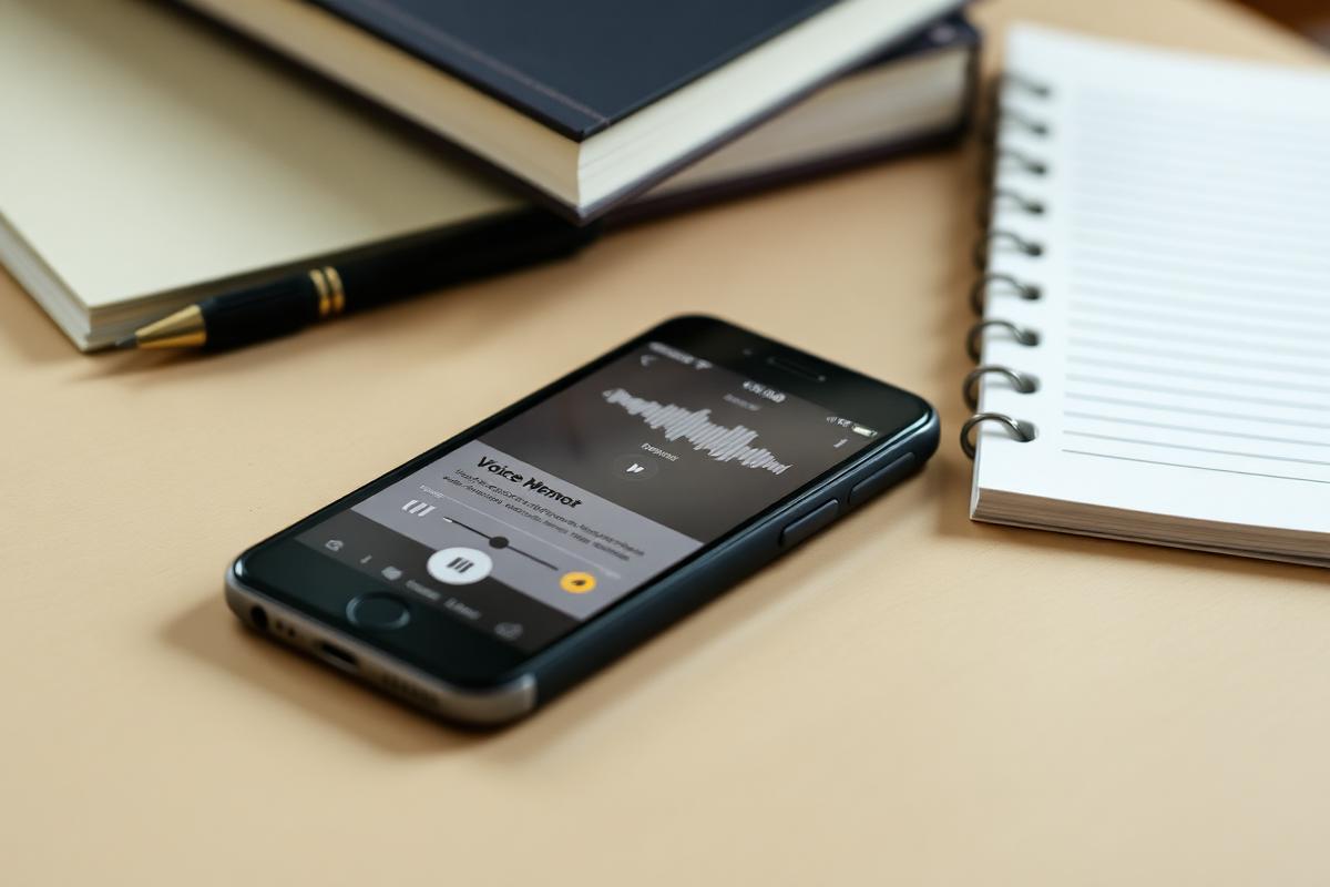A phone on a desk playing a voice note with an audio waveform on screen